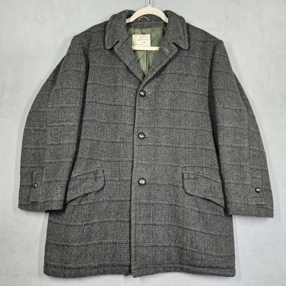 Vintage 50s 60s Penney's Outerwear Coat Mens 42 Green Windowpane Wool Overcoat